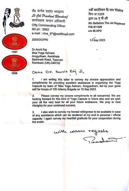 Certification Of Appritiation By Le Col Prashant Bhardwaj Offg Commanding Officer 